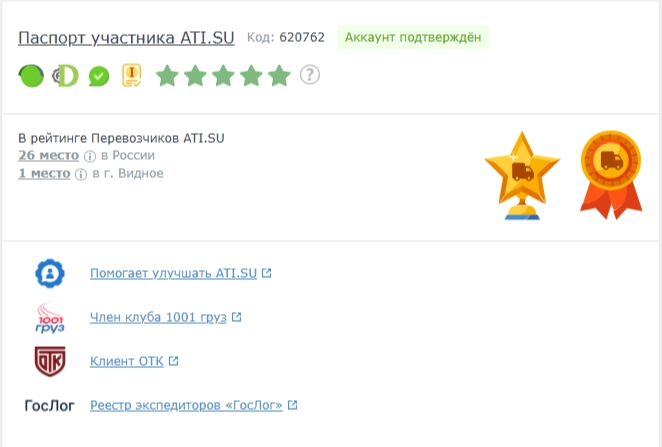 Проверенный профиль перевозчика BORT-MSK на ATI.SU